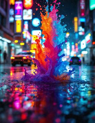 The primary subject of the image is a colorful fountain or artistic display, which is located in the middle of a city street. The setting includes a busy street with cars and traffic lights, as well as a few pedestrians walking around. The visual style of the image is a combination of photo and digital art, creating a unique and vibrant atmosphere. The colors and mood of the scene are predominantly bright and lively, with the fountain or display serving as a focal point and a source